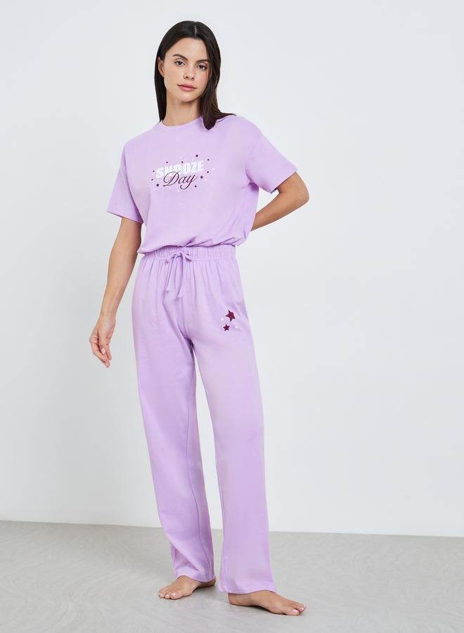 Styli Women Lilac Graphic Print T-Shirt and Pyjama Set - Image 3